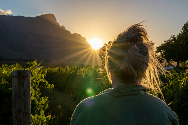 a woman looks into the mountains during sunset in the Franschhoe